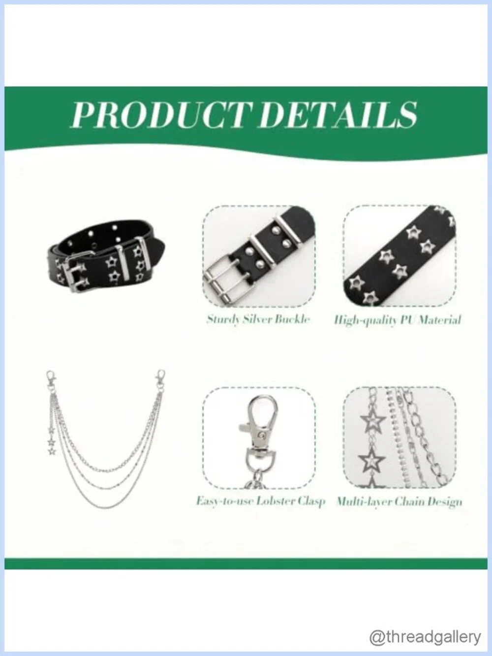 6 PC Studded Belt & Chain Set Goth Emo Y2K PU Leather Accessories